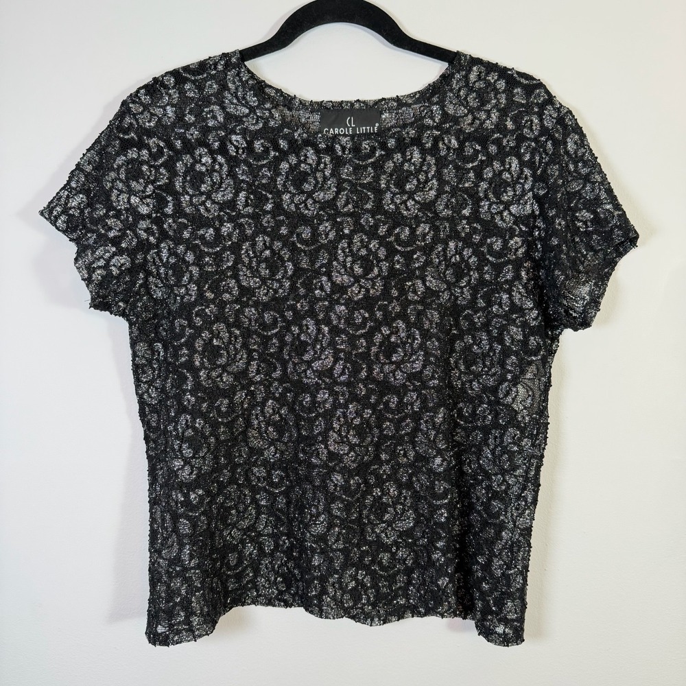 Vintage Y2K Carole Little Black Metallic Floral Lace Sheer Top USA Whimsy Goth L